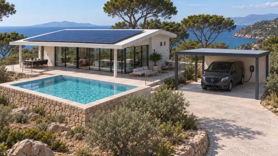 Illustration d’une maison avec panneaux solaires et carport en Corse